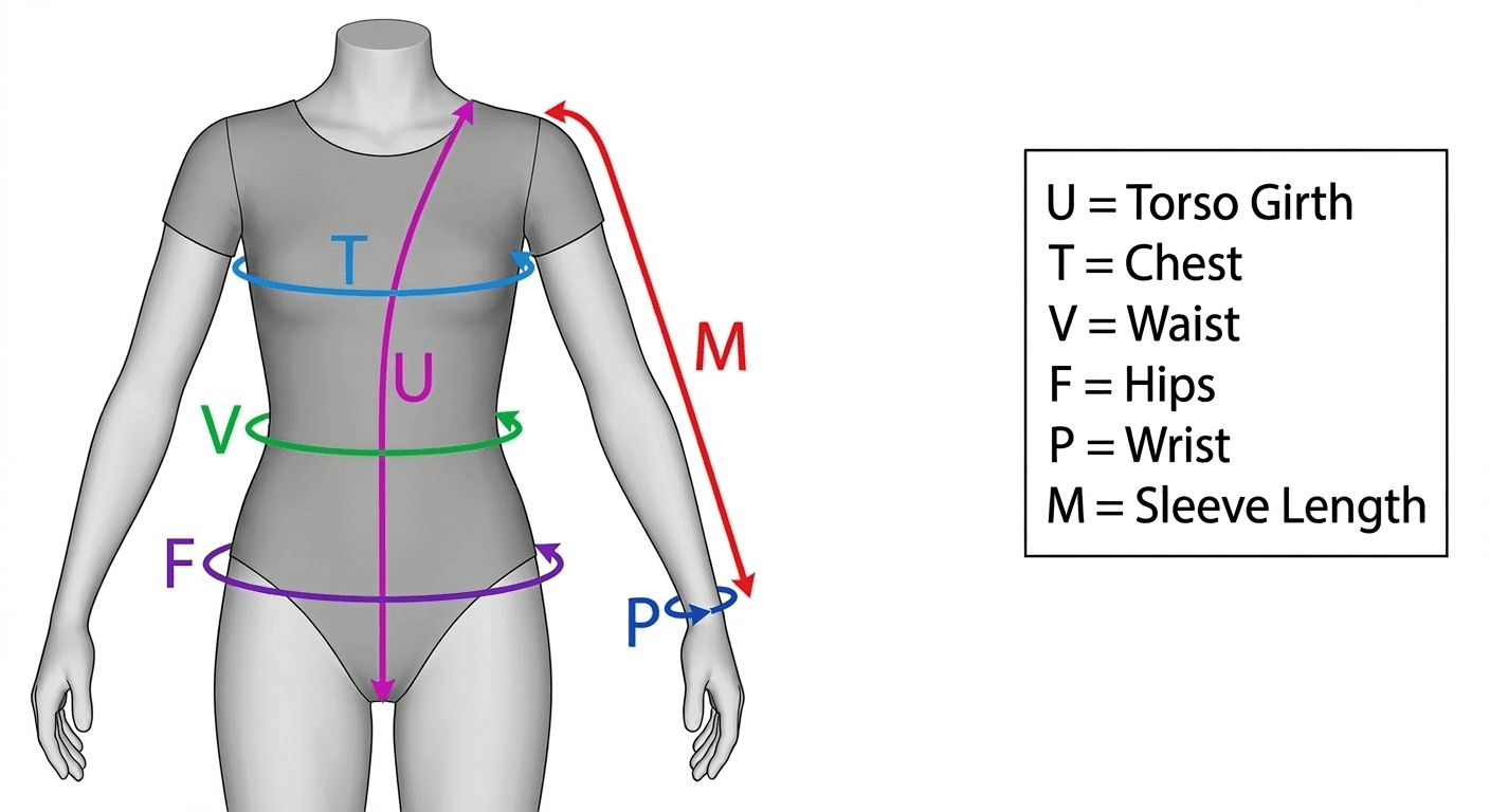 Leotard measurement diagram showing all measurement points